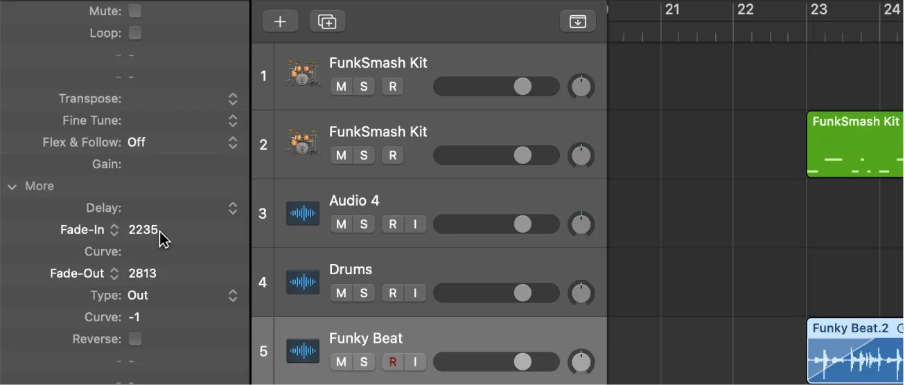 Logic Pro Region inspector with Fade-In, Fade-Out, Type and Curve parameters beside an audio region
