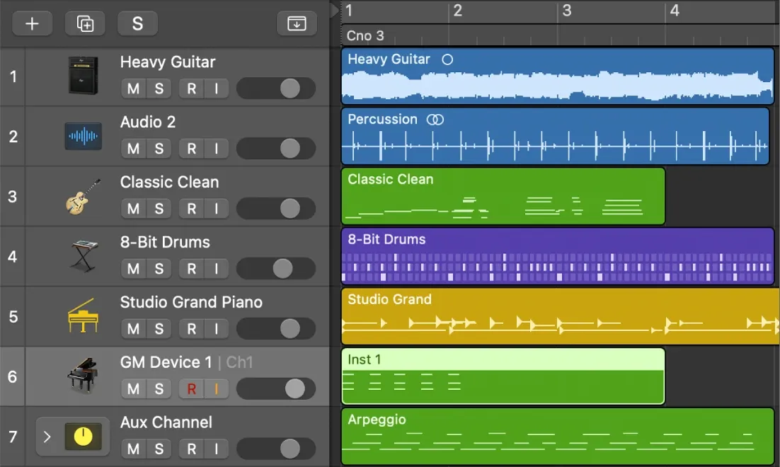 Logic Pro Tracks area with audio, MIDI, and pattern regions arranged across tracks