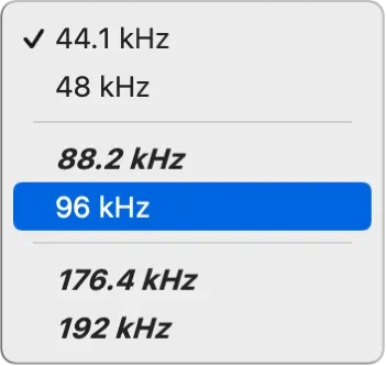 Logic Pro 12.3 project sample rate menu with 44.1, 48, 88.2, 96, 176.4, and 192 kHz choices
