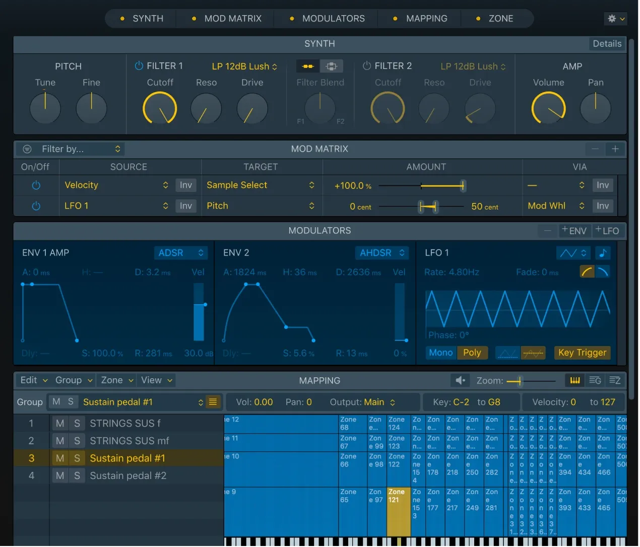 Logic Pro Sampler interface with Synth, Mod Matrix, Modulators, Mapping and Zone panes