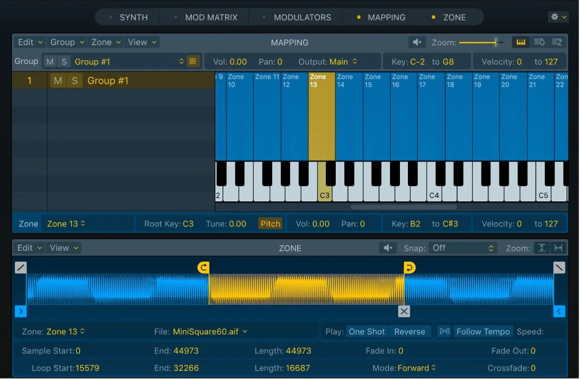 Logic Pro Sampler Mapping and Zone panes with samples assigned across keyboard and velocity ranges