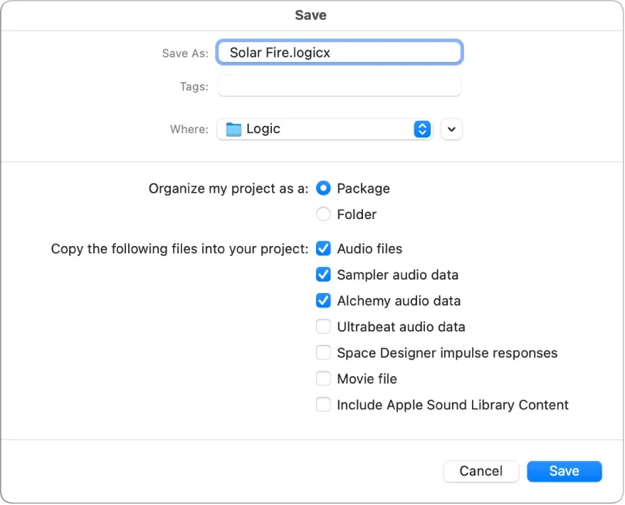 Logic Pro Save dialog with package, folder and project asset copy options