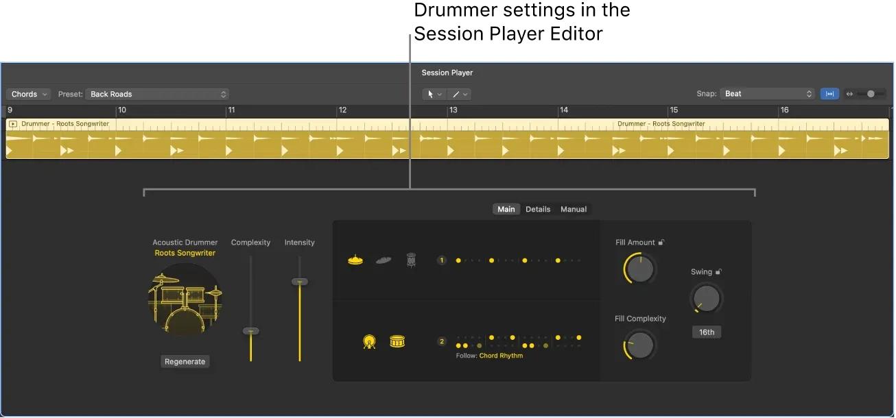 Logic Pro 12.3 Session Player Editor with acoustic Drummer patterns, fills and swing controls