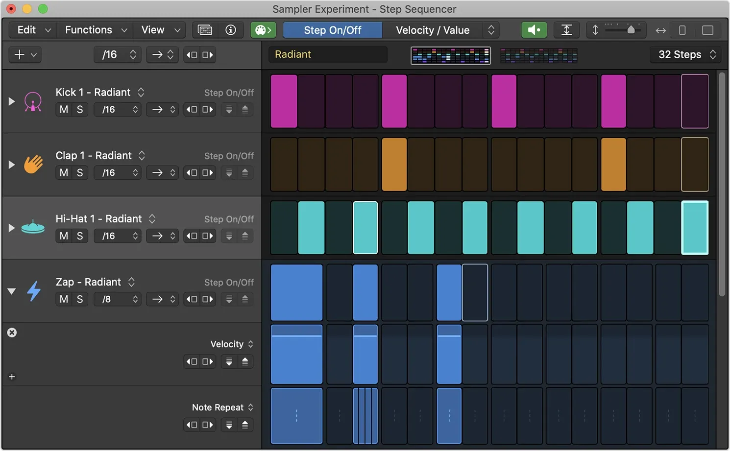 Logic Pro Step Sequencer grid with drum rows, active steps, velocity and Note Repeat subrows