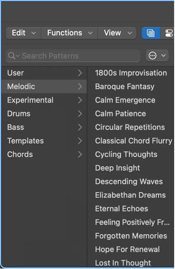 Logic Pro Pattern Browser with user, melodic, drums, bass, templates and chords categories