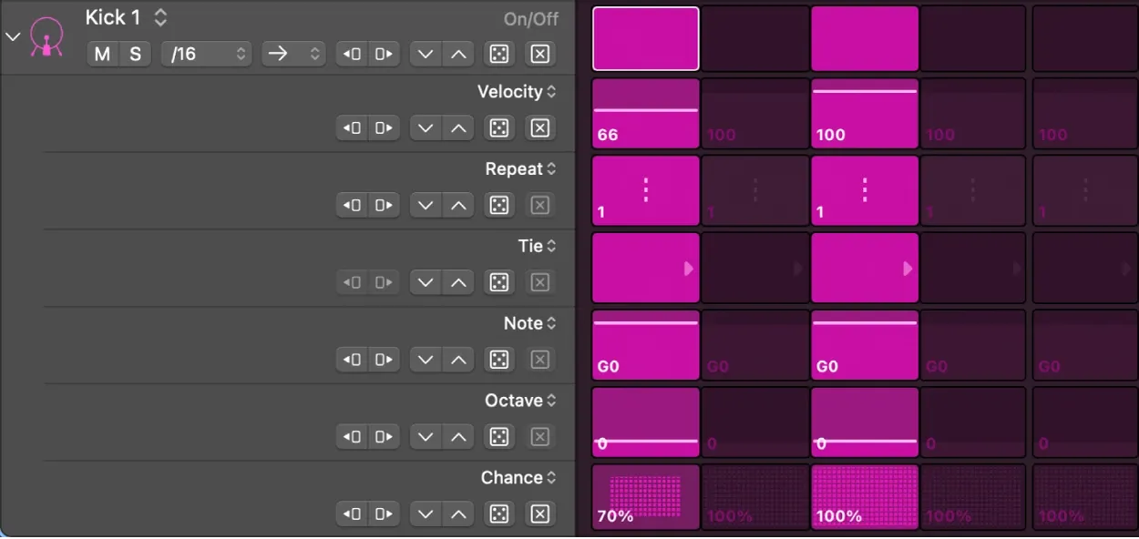 Logic Pro Step Sequencer subrows for velocity, repeat, tie, note, octave and chance