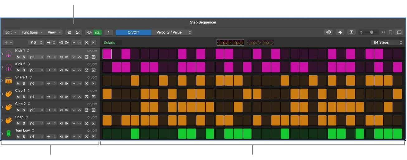 Logic Pro Step Sequencer with drum rows and active rhythm cells