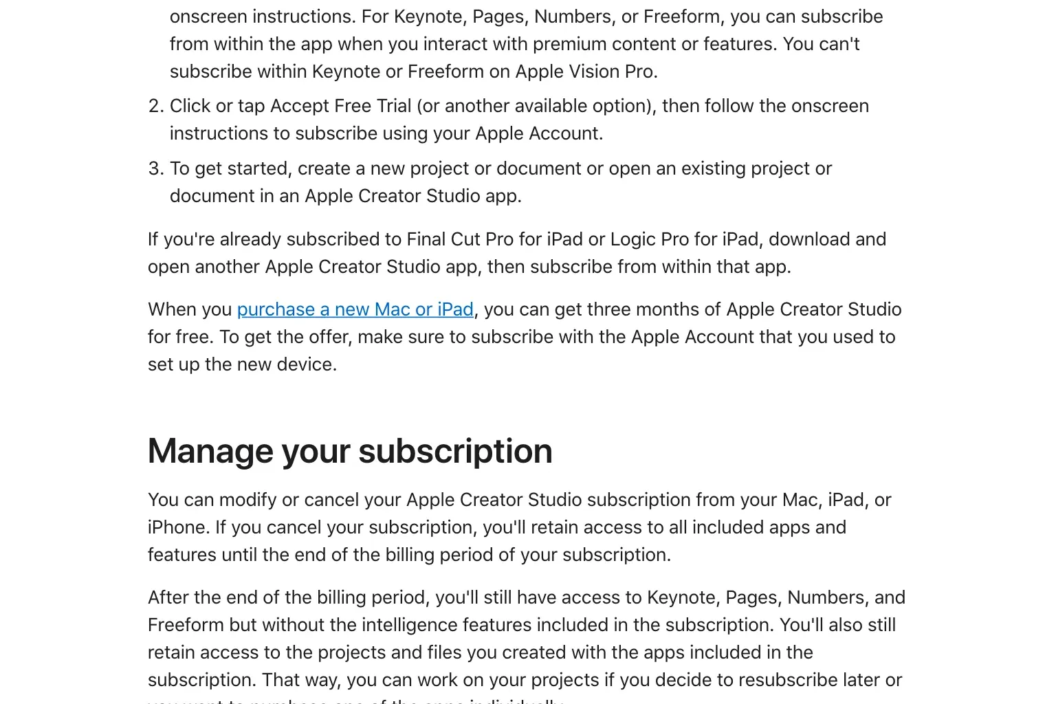 Apple Support instructions for managing or cancelling an Apple Creator Studio subscription