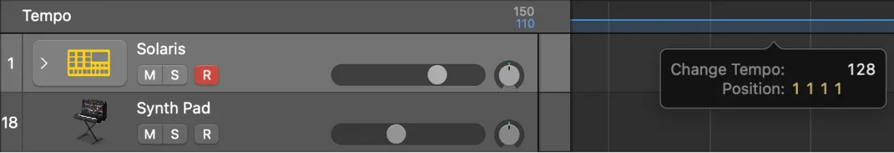 Logic Pro Tempo track with tempo points across the project timeline
