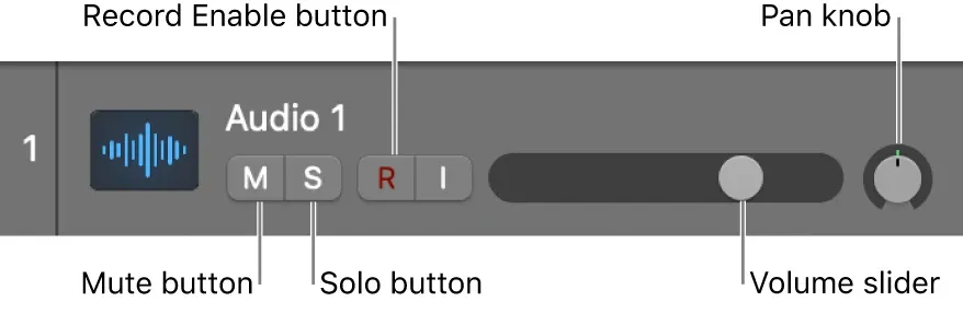 Logic Pro 12.3 track header with record, mute, solo, volume and pan controls