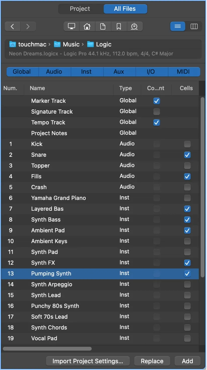 Logic Pro Track Import view with selectable tracks, content, cells and project settings