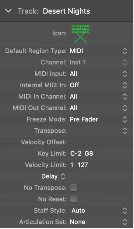 Logic Pro 12.3 Track inspector showing Freeze Mode set to Pre Fader
