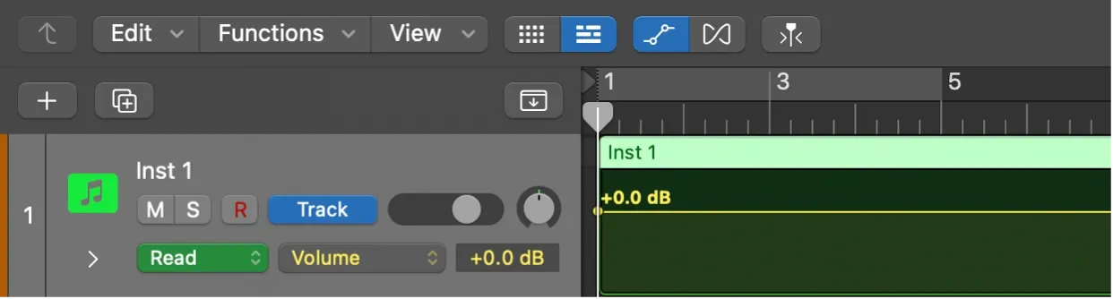 Logic Pro software instrument track showing Track Volume automation in Read mode