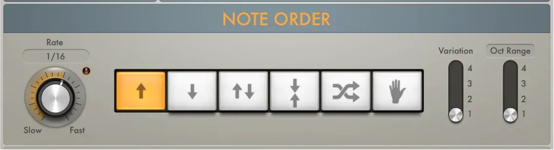 Logic Pro Arpeggiator Note Order panel with rate, direction, variation and octave range controls