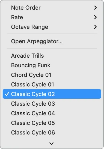 Logic Pro Arpeggiator Smart Controls menu with Note Order, Rate, Octave Range and presets