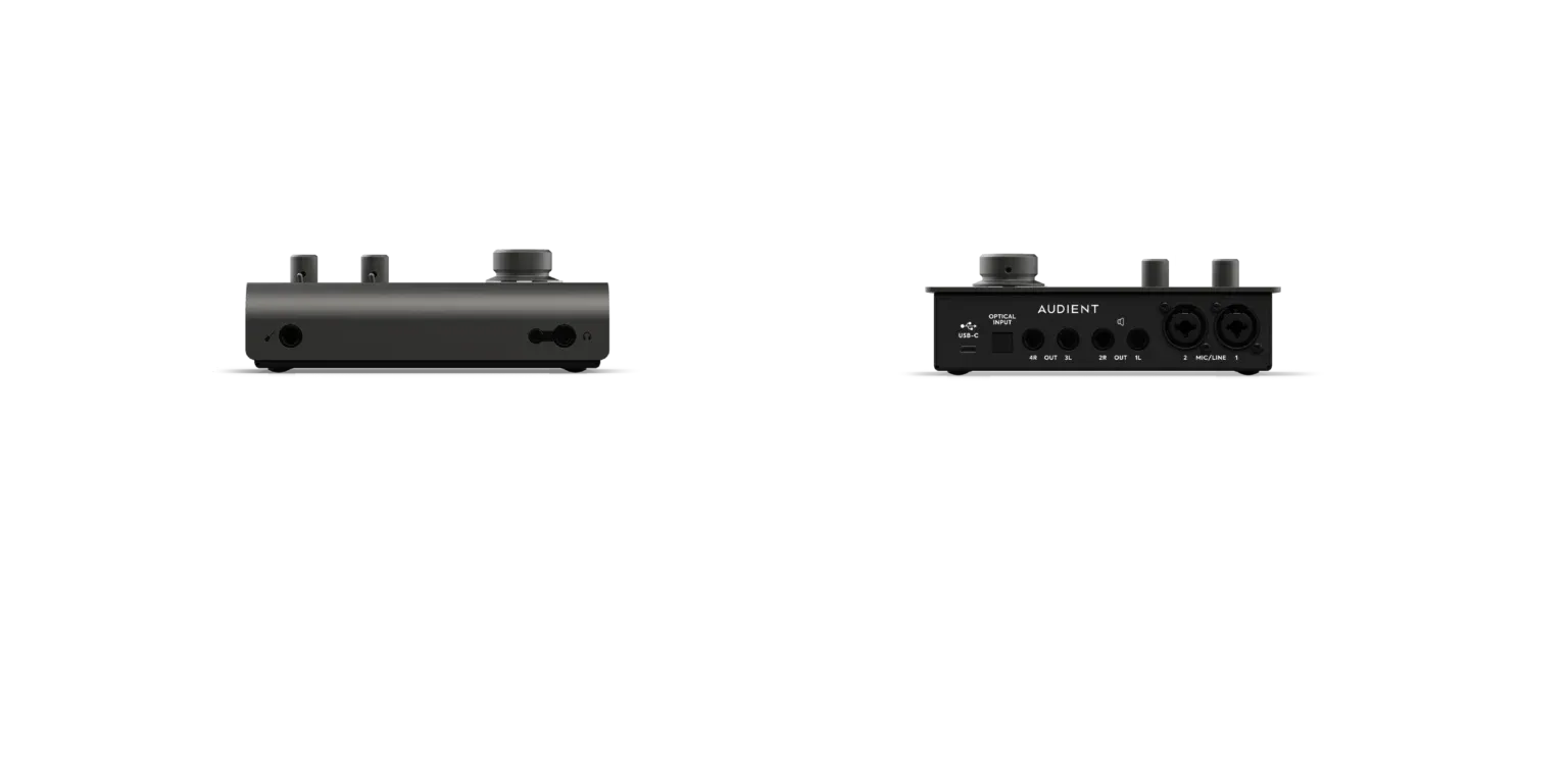 Audient iD14 MKII front, rear and side connections including optical ADAT input