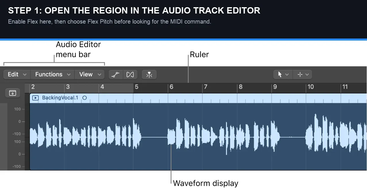 Logic Pro Audio Track Editor with an audio region ready for Flex Pitch analysis