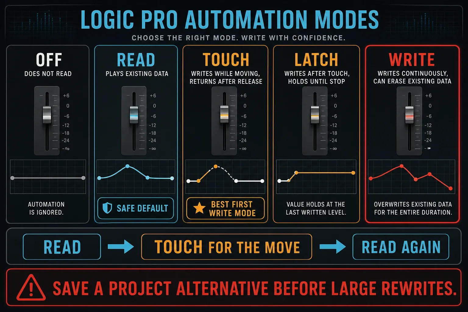 Logic Pro automation modes Off, Read, Touch, Latch and Write with their playback and overwrite behavior