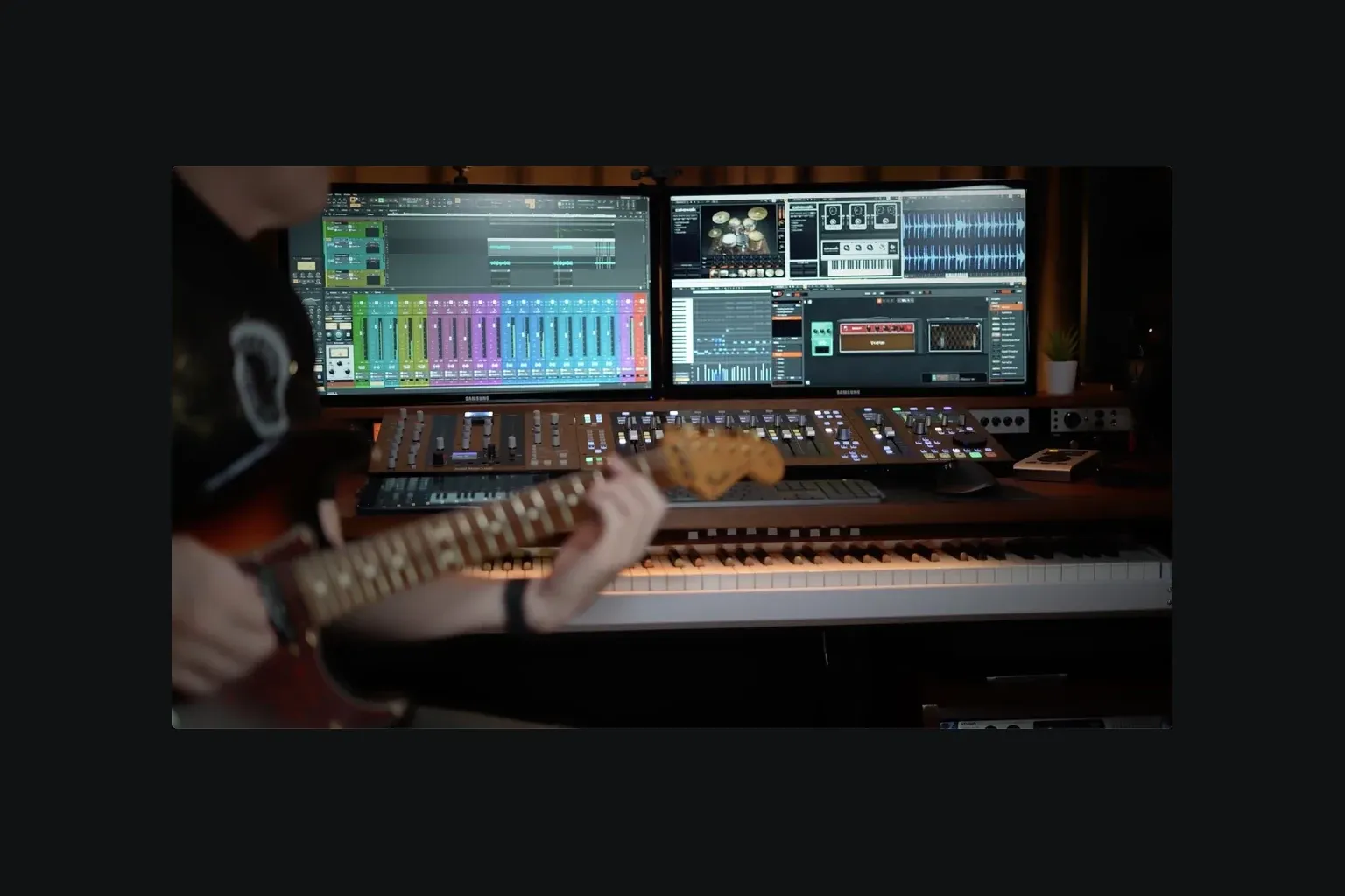 Cakewalk Sonar recording and mixing workspace on two displays