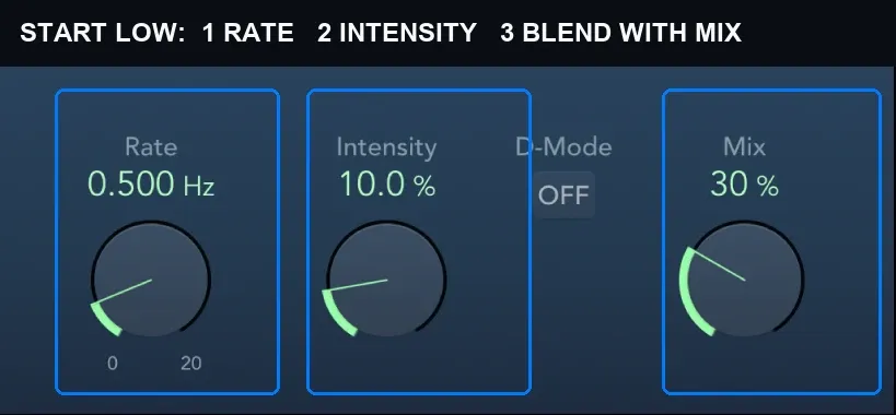 Logic Pro Chorus controls for rate, intensity and mix