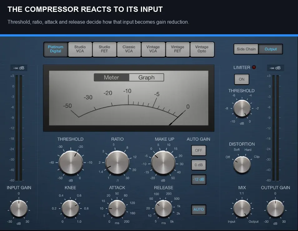 Logic Pro Compressor controls used before a tonal EQ