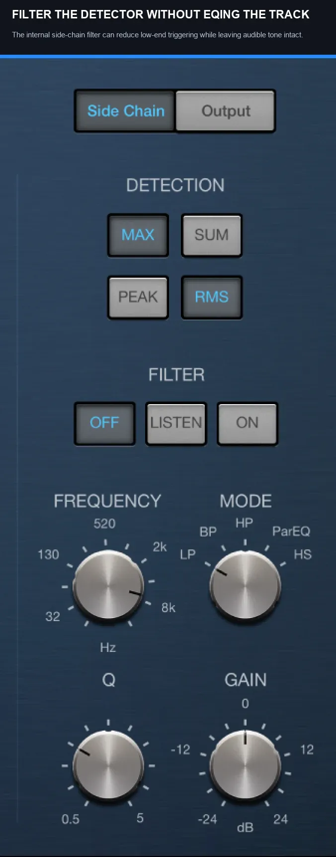 Logic Pro Compressor internal side-chain filter for detector-only EQ