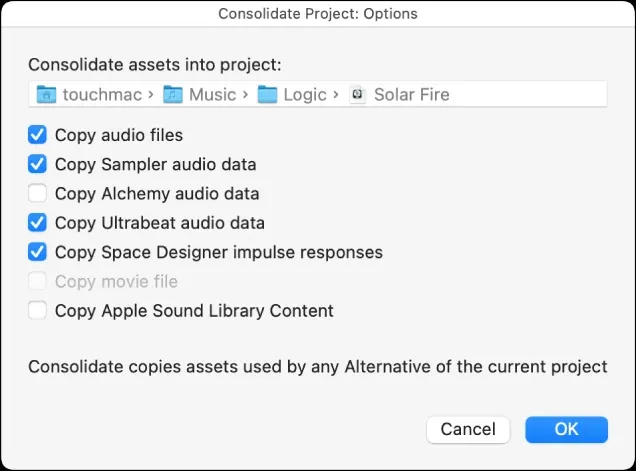 Logic Pro Consolidate Project dialog with audio, Sampler, Alchemy and Sound Library asset options