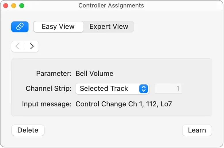 Logic Pro Controller Assignments Easy View showing Parameter, Input message, Delete, and Learn