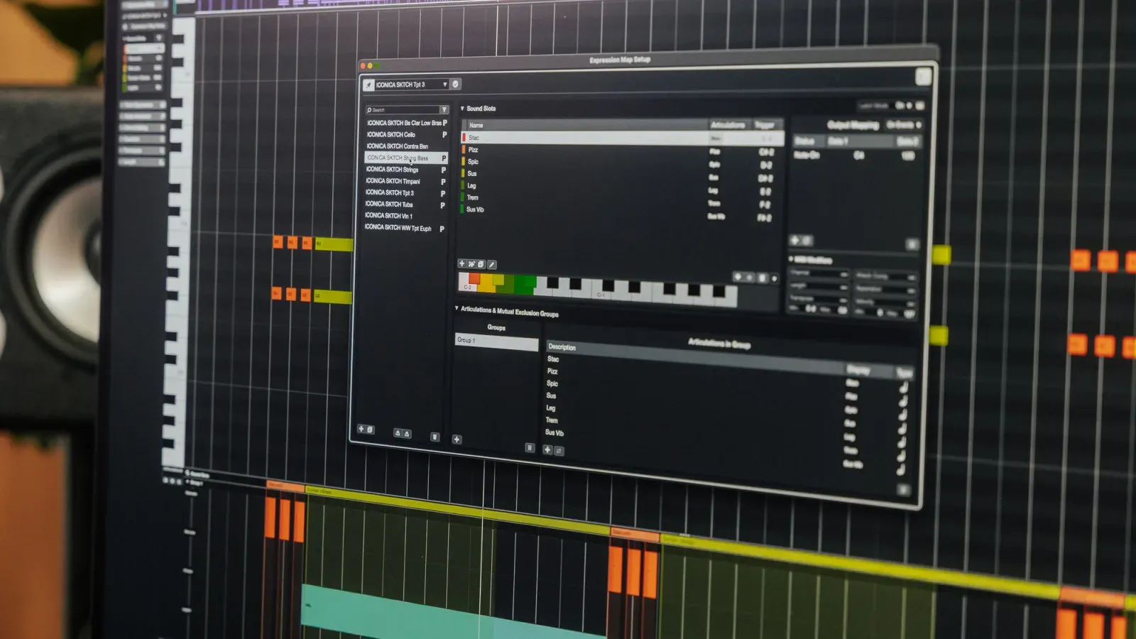 Cubase 15 Expression Map Setup over the Key Editor for orchestral articulations