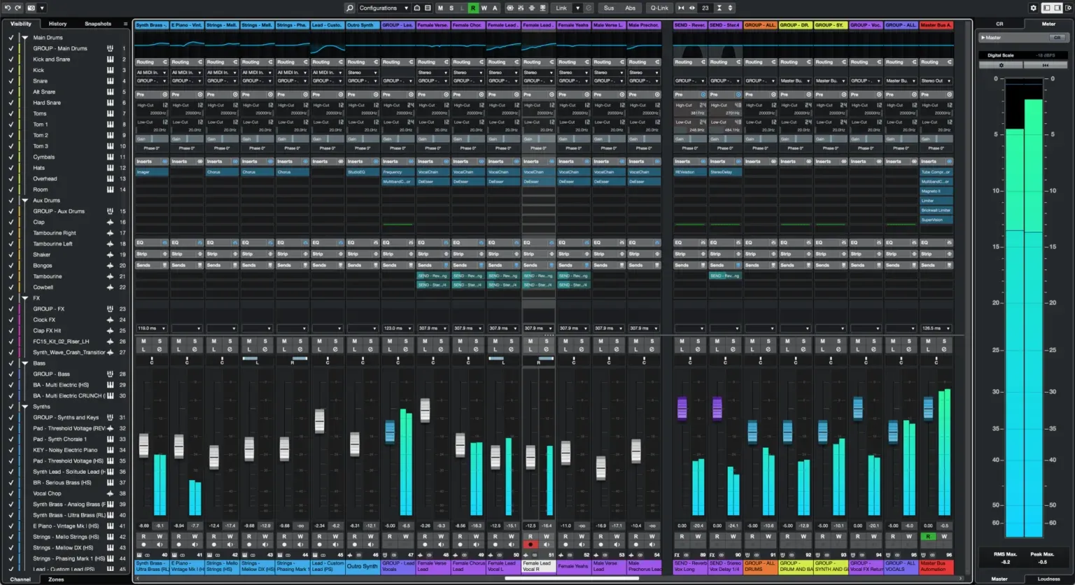 Cubase 15 MixConsole with channels, meters and visibility controls