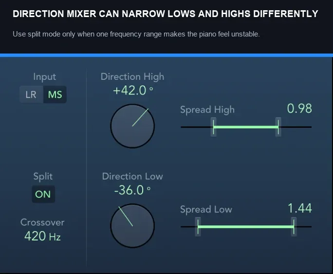 Logic Pro Direction Mixer split mode with separate high and low spread controls