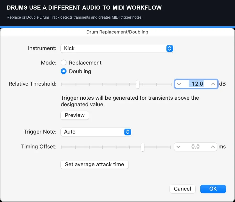 Logic Pro Drum Replacement and Doubling dialog for creating MIDI trigger notes