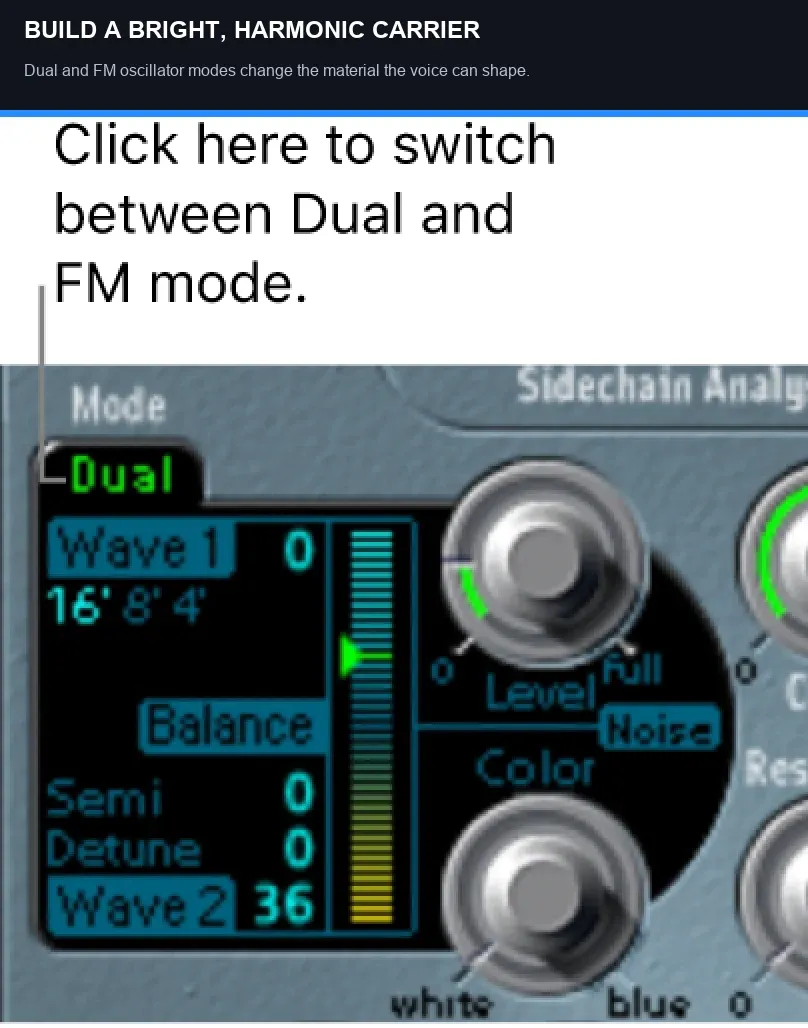 Logic Pro EVOC 20 PS oscillator controls for dual and FM carrier modes