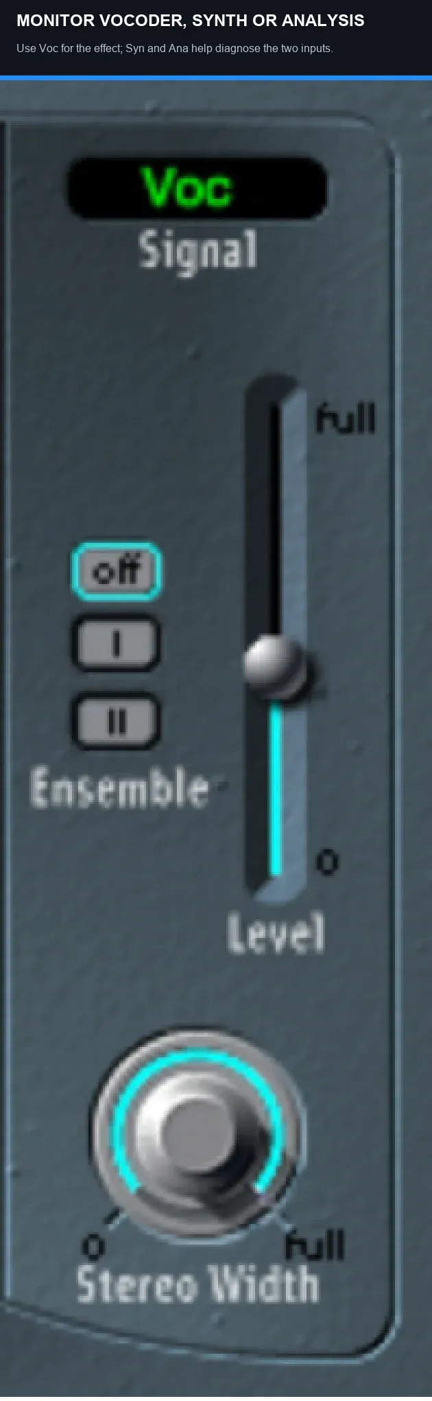 Logic Pro EVOC 20 PS output controls with Voc Syn Ana ensemble width and level