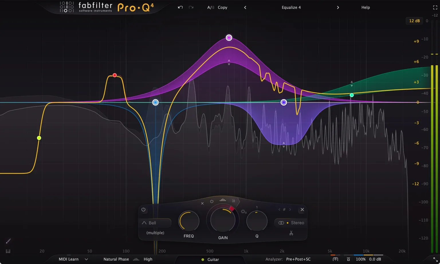 FabFilter Pro-Q 4 equalizer interface with spectrum display and multiple EQ bands