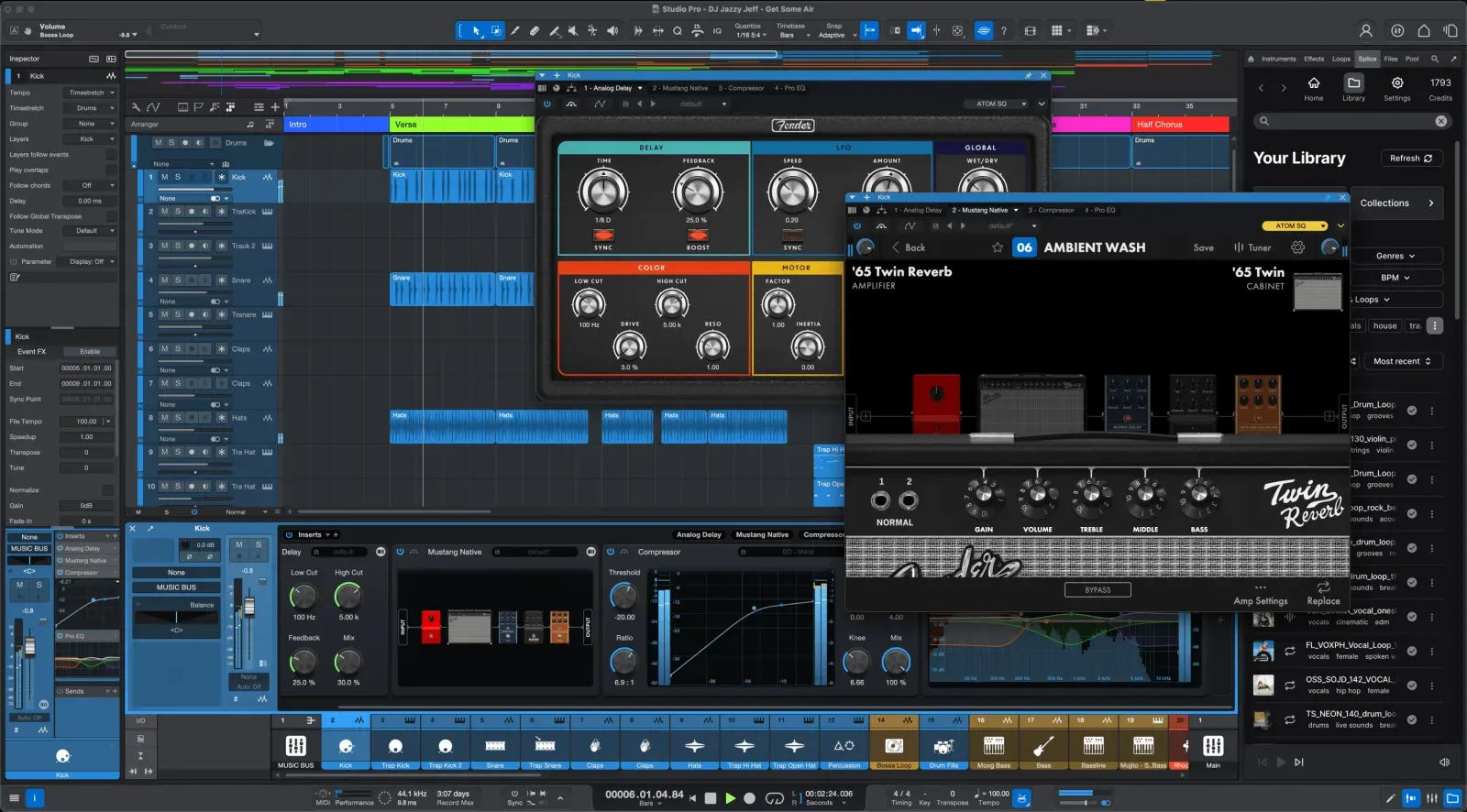 Fender Studio Pro 8 arrangement, mixer, browser and Mustang guitar effects interface