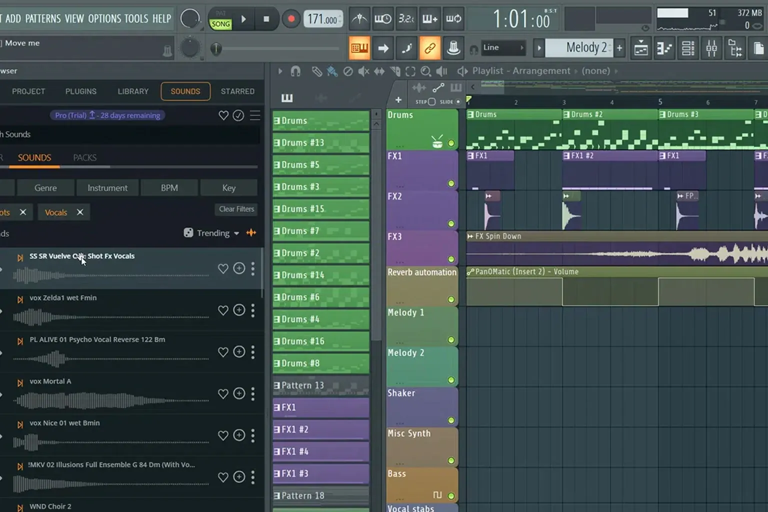 FL Studio 2026 Playlist with patterns, audio clips, automation and Sounds browser