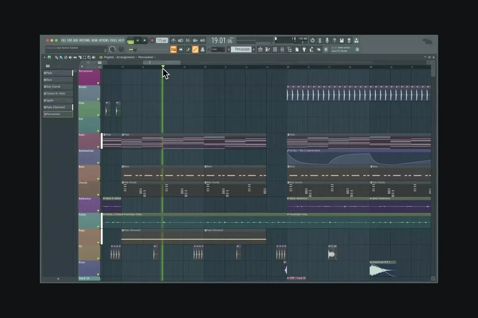 FL Studio Playlist showing Percussion, Drums, Bass and Automation lanes with green playhead at 115 BPM