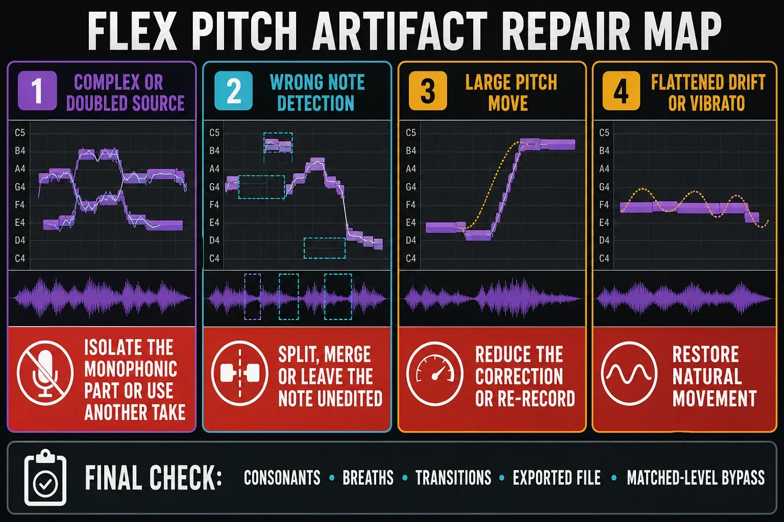 Flex Pitch artifact repair map for complex sources, wrong note detection, large corrections and flattened vocal movement