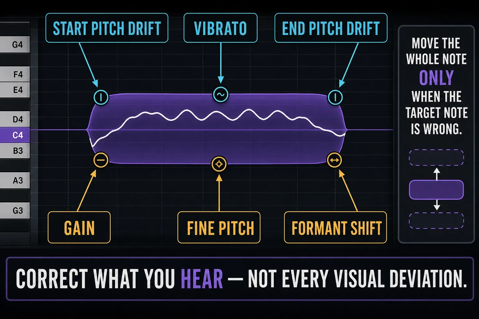 Six Flex Pitch note hotspots for start drift, vibrato, end drift, gain, fine pitch and formant shift