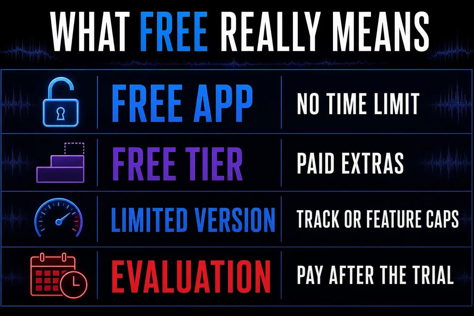 Four meanings of free DAW software: free app, free tier, limited version and evaluation