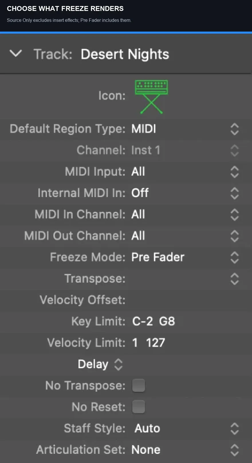 Logic Pro Track inspector showing Freeze Mode set to Pre Fader
