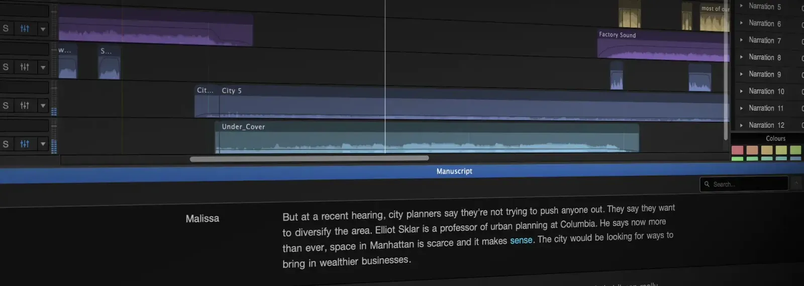 Hindenburg PRO 2 audio timeline above the searchable Manuscript transcript view