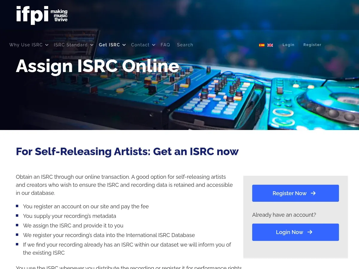 Current IFPI Assign ISRC Online page for self-releasing artists