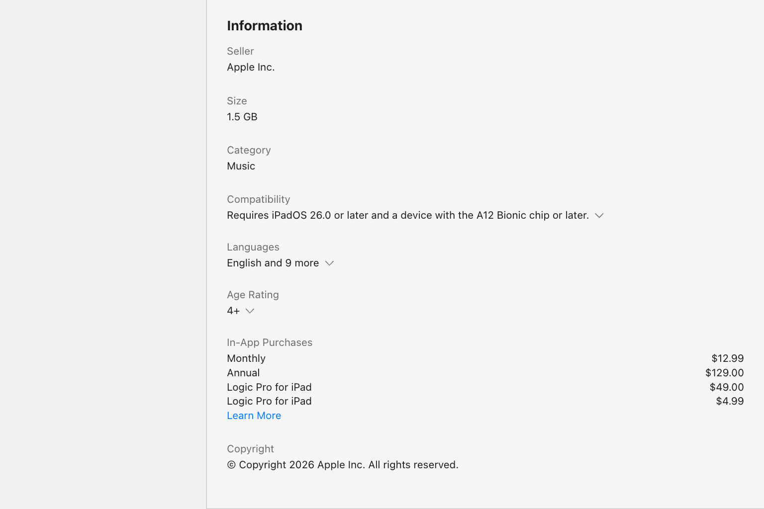 App Store Information panel listing Seller, Size, Age Rating and four In-App Purchases rows
