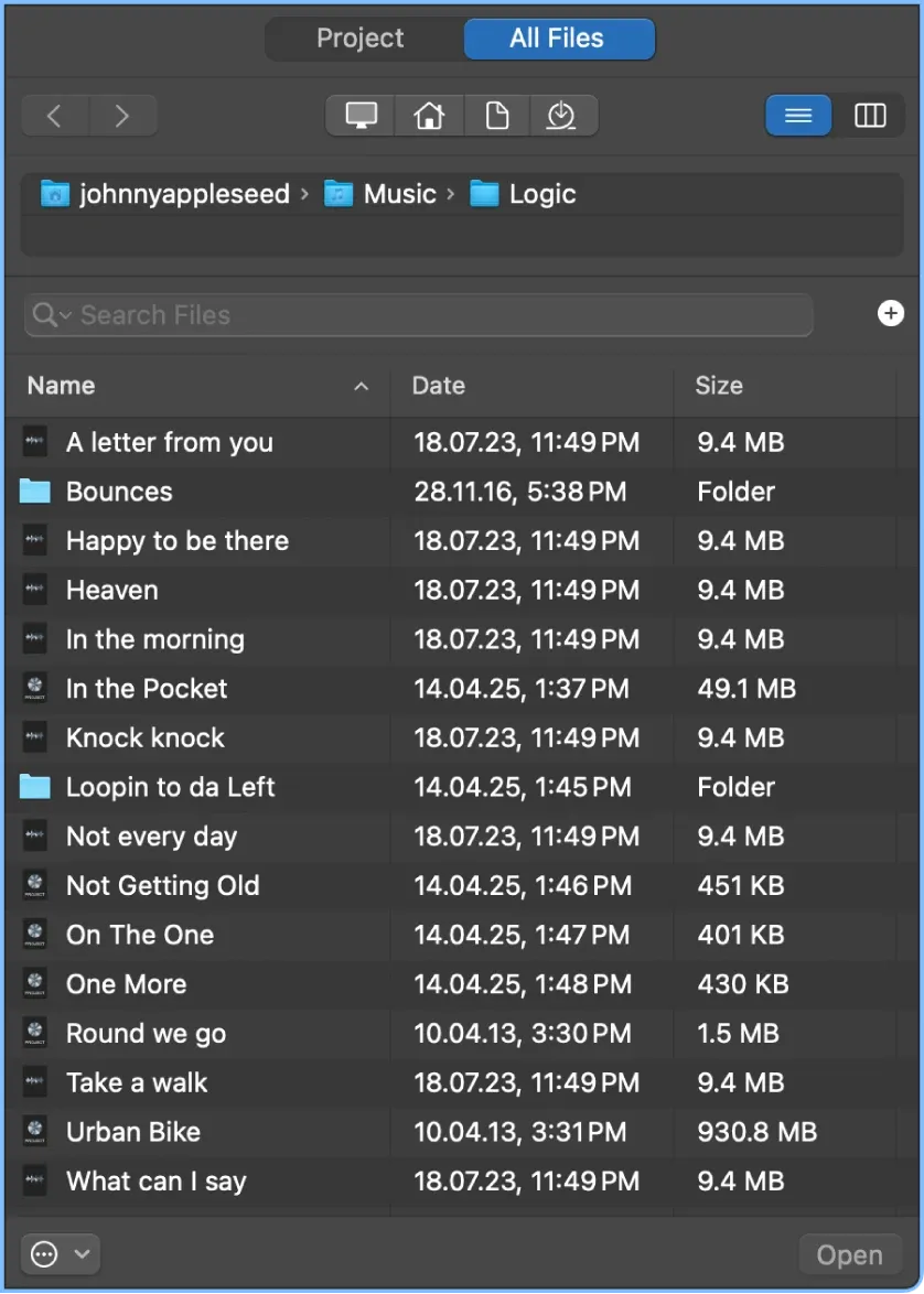 Logic Pro All Files Browser for importing a reference track