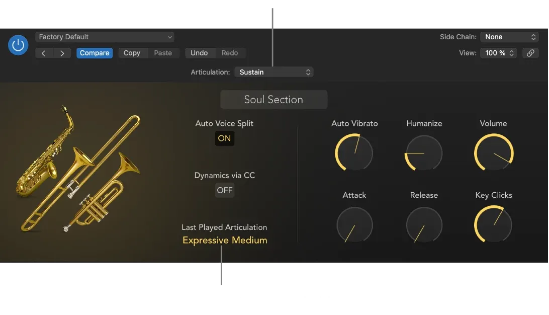 Logic Pro English Articulation menu and Last Played Articulation field