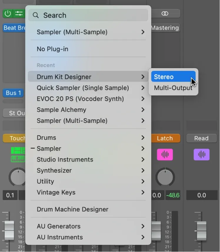 Logic Pro AU Instruments menu for loading Strum Session 2