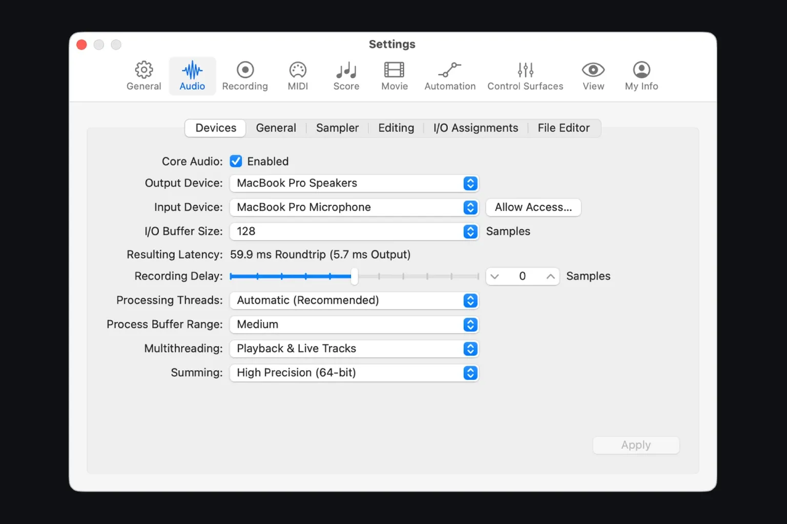 Logic Pro Audio Devices settings with I/O Buffer Size and Processing Threads controls