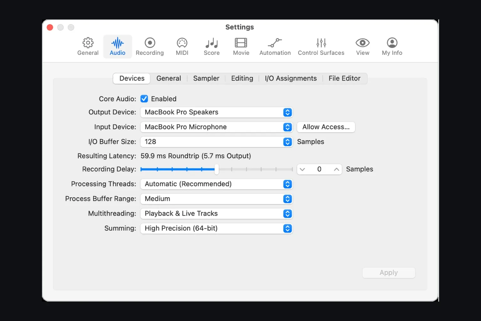 Logic Pro Audio Devices settings with Core Audio, input device and output device controls